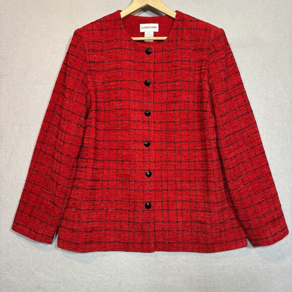 Alfred Dunner Blazer Jacket 14 Red Black Shimmer Checkered Classic Cozy Retro - Picture 1 of 7